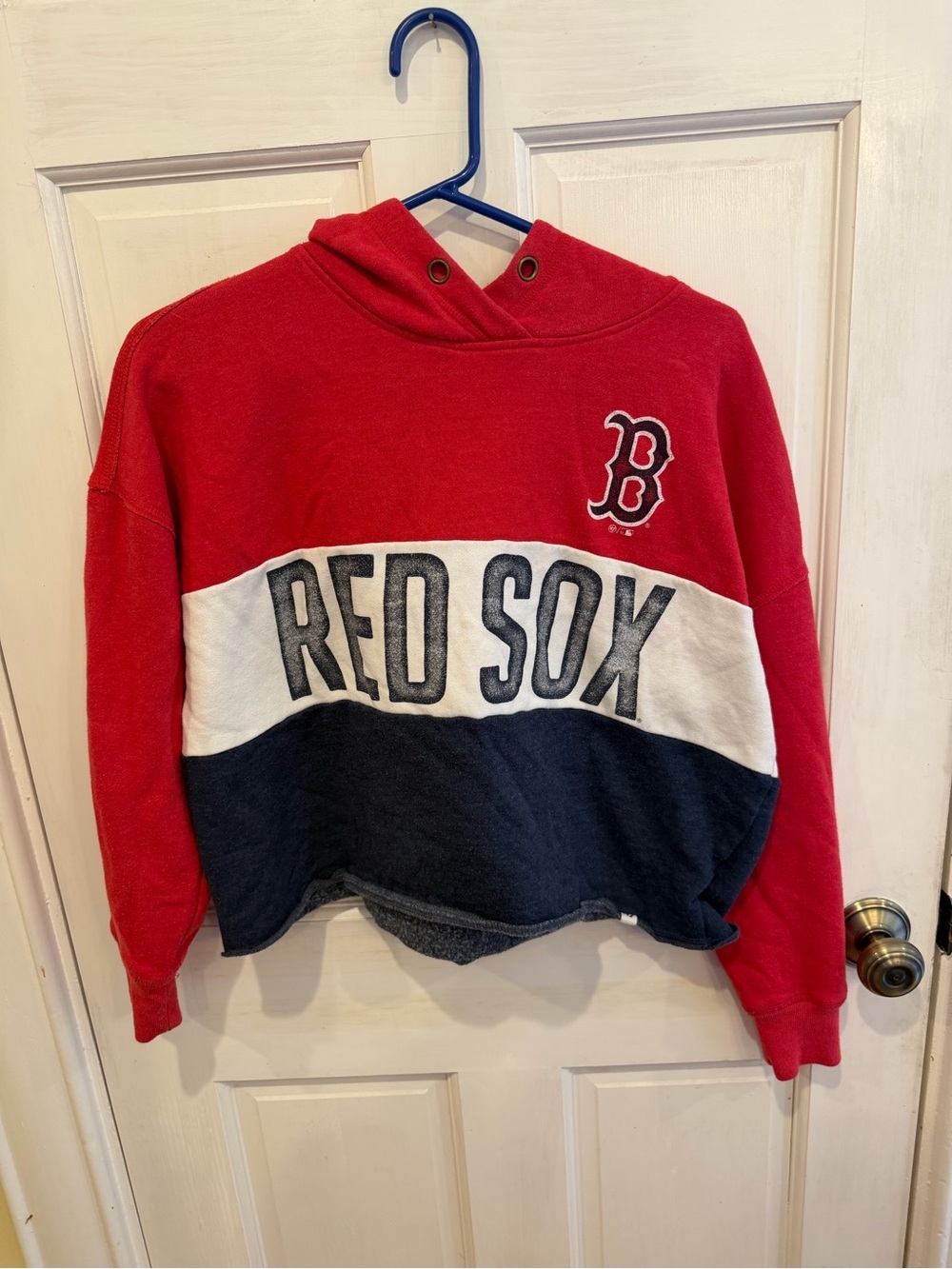 Women’s Cropped Boston Red Sox Hoodie- Red, White, & Blue- Distressed- Medium